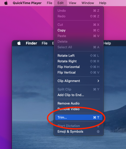 Edit > Trim in Mac's menu