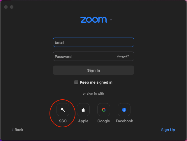 Zoom app home page with SSO option circled