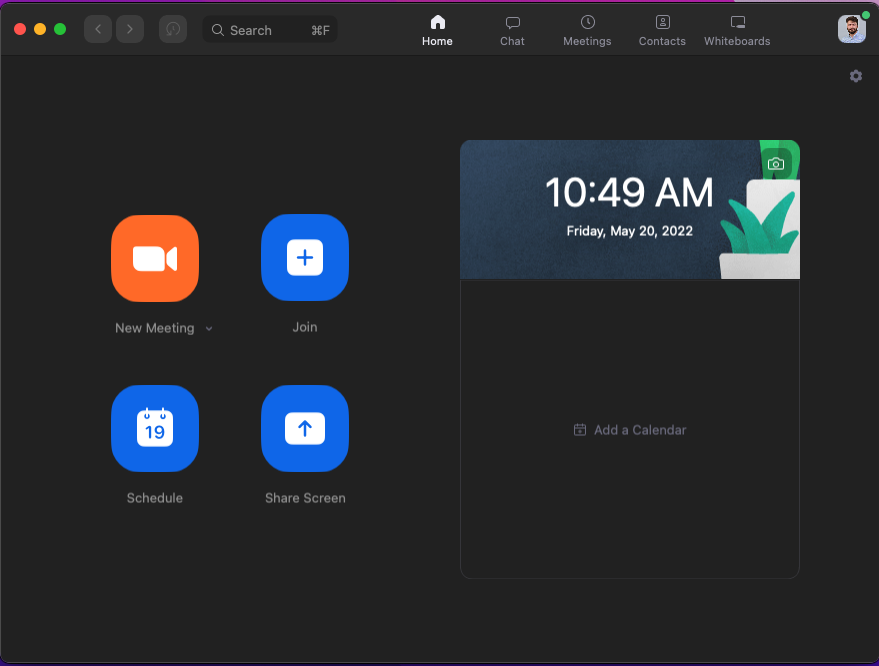 Zoom desktop app home page with scheduling options and a calendar layout