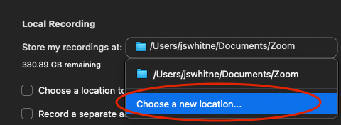 Local recording pop up box to choose new location within zoom settings