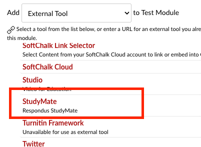 GUI with StudyMate selected from the External Tool menu in Canvas