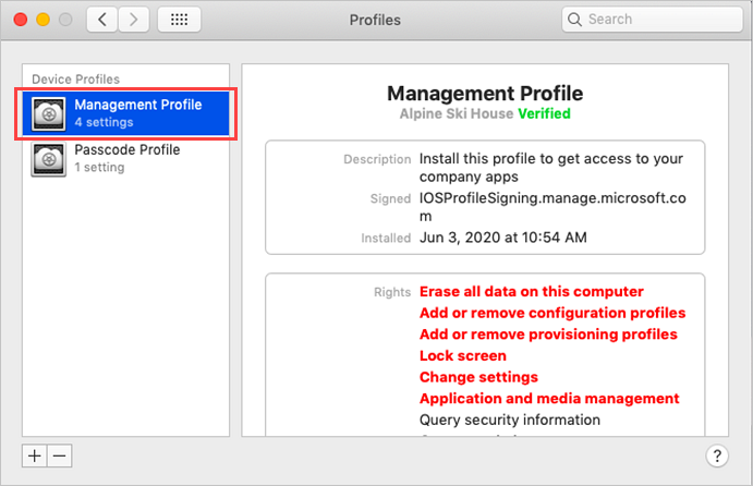 Example screenshot of System Preferences, Management Profile screen, highlighting "Approve" button.