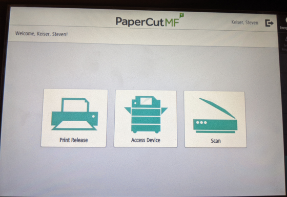 The printer touchscreen display's main menu, showing buttons for "Print Release," "Access Device," and "Scan."
