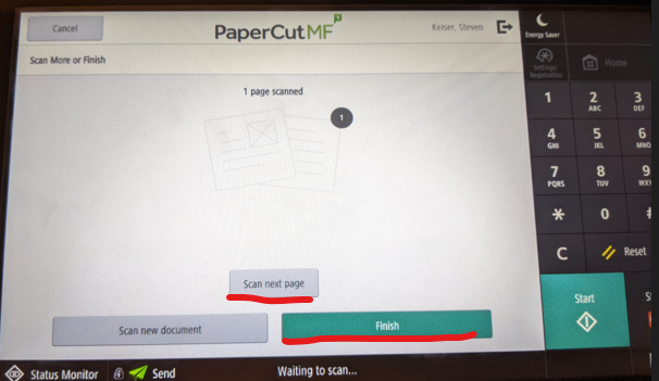 The printer touchscreen display. After processing the scan, it offers a button to Cancel in the upper-left corner. Three more buttons at the bottom, from left to right, are labeled "Scan new document," "Scan next page," and a green button labeled "Finish."