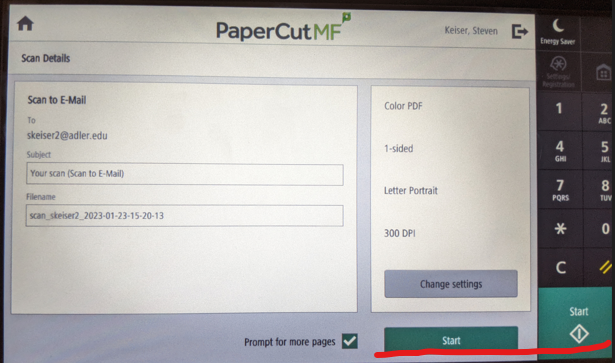 The printer touchscreen displaying the "Scan to E-Mail" screen. There are text entry fields for the Subject and Filename, along with buttons to change settings and start the scan. The checkbox labeled "Prompt for more pages" beside the Start button is ticked.