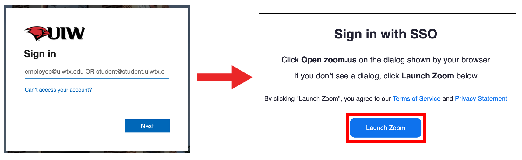 Cardinal Apps login page to Launch zoom pop up