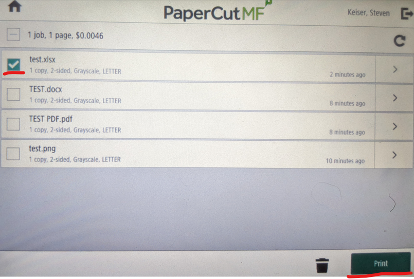 Close up view of the printer touchscreen display. Submitted print jobs appear in a list. On the left side, each list item has a checkbox that can be ticked. In the lower-right corner is a green button labeled "Print."