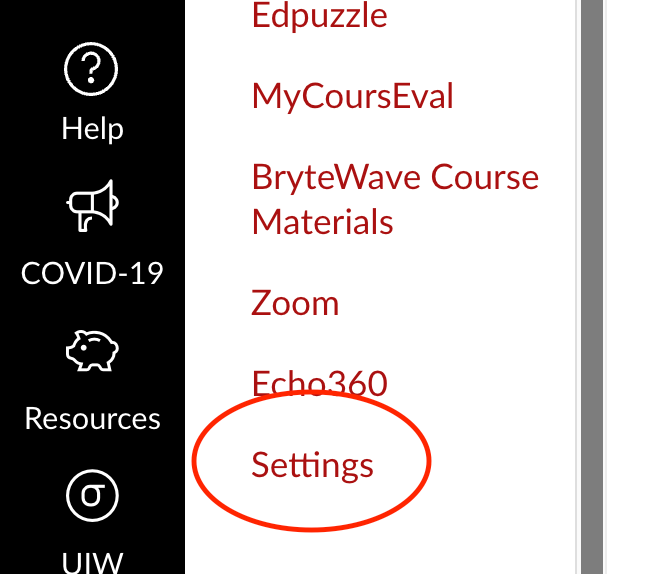 Settings option in course's navigation menu