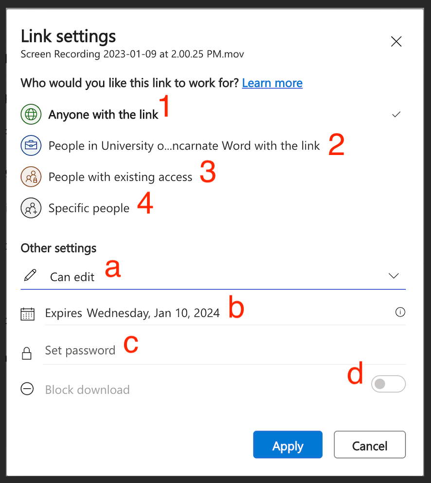 Link settings interface