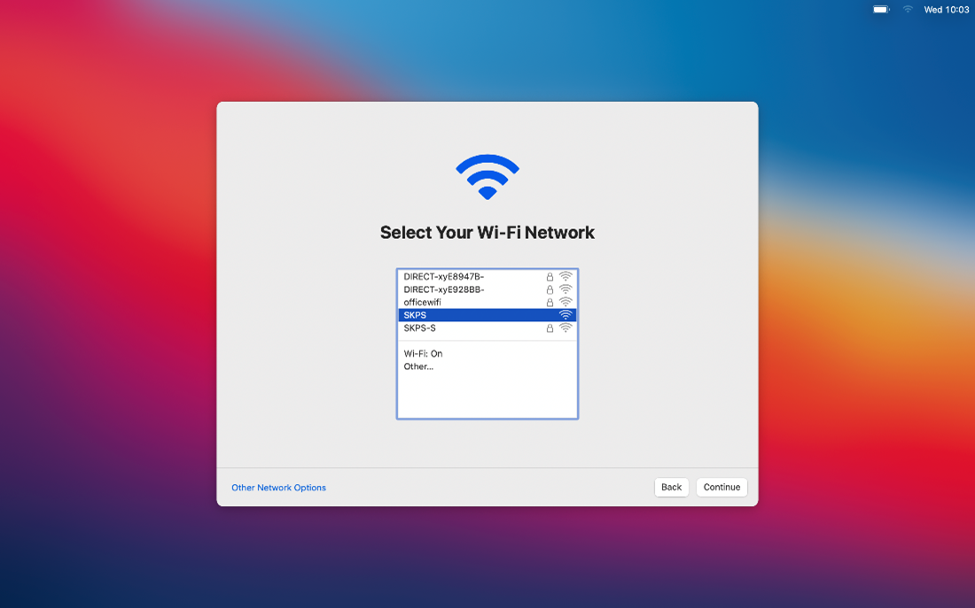 Screen showing Wireless network selections