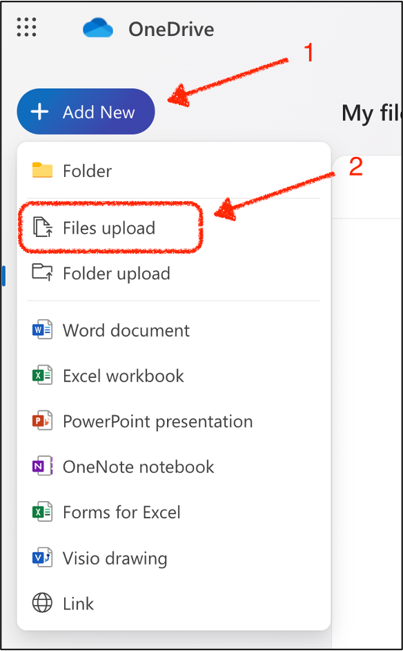 File upload menu in OneDrive
