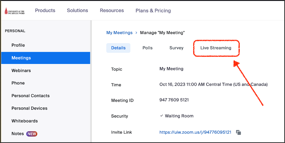 Meetings Live Streaming menu