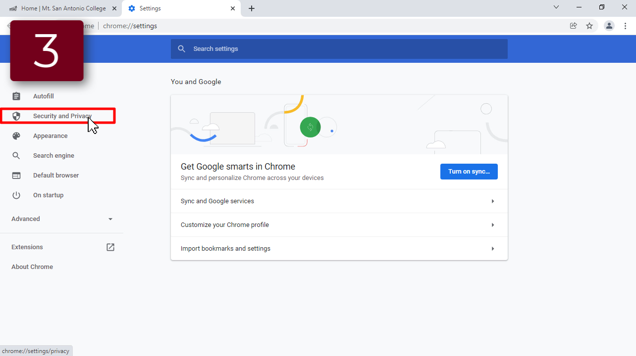 Chrome settings tab with the Security and Privacy option highlighted