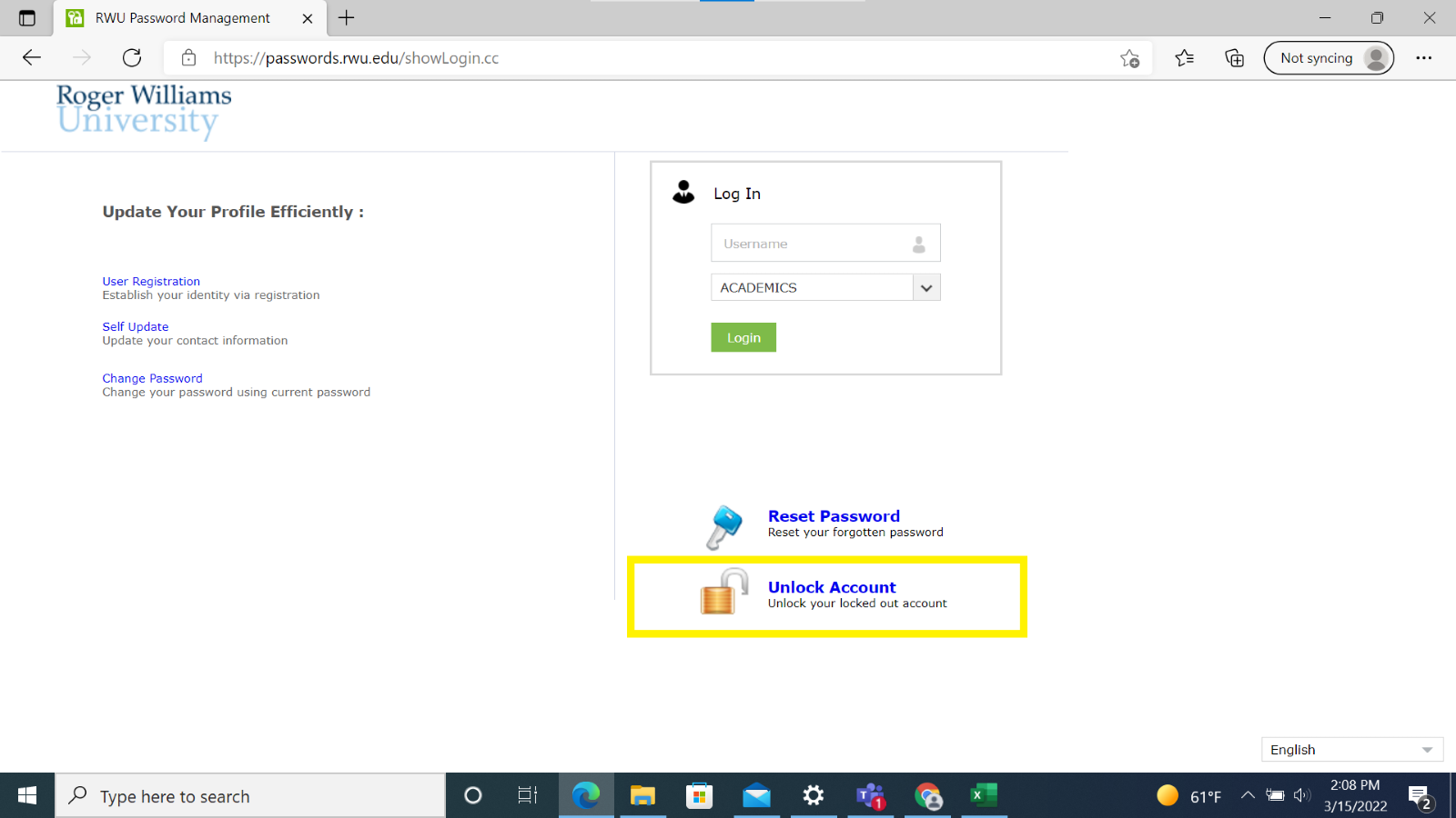 Website page at passwords.rwu.edu. Highlighted box around unlock account button under the login box