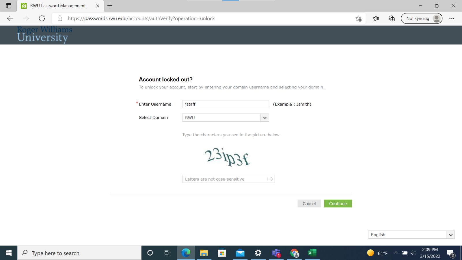 Account locked out? page with field requirements for username, domain and captcha. Green Continue button on bottom right.