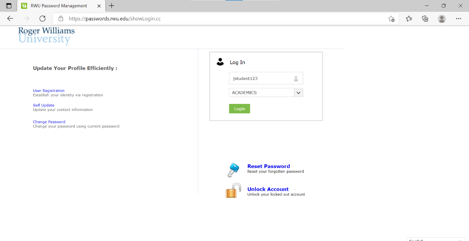 passwords.rwu.eduu homepage. Login box on right side.