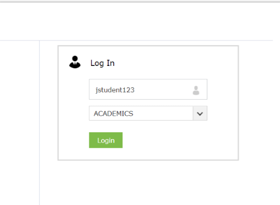 Login box with jstudent123 enter as username, drop down menu as academics. Green login button on bottom.