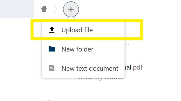 Plus button drop down menu options. Options are upload file, new folder, and new text document. Upload file is boxed.