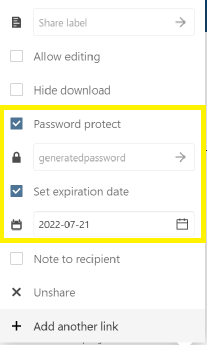 Security field settings. Boxed Password protect and Set Expiration date.