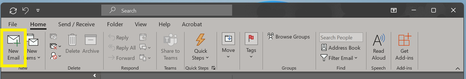 Home Toolbar in Outlook. New Email Button has highlighted box in the top left corner.