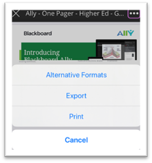 A screenshot of Blackboard student app where the menu button is highlighted to show its importance in finding the Alternative Formats option when a piece of course content is open.