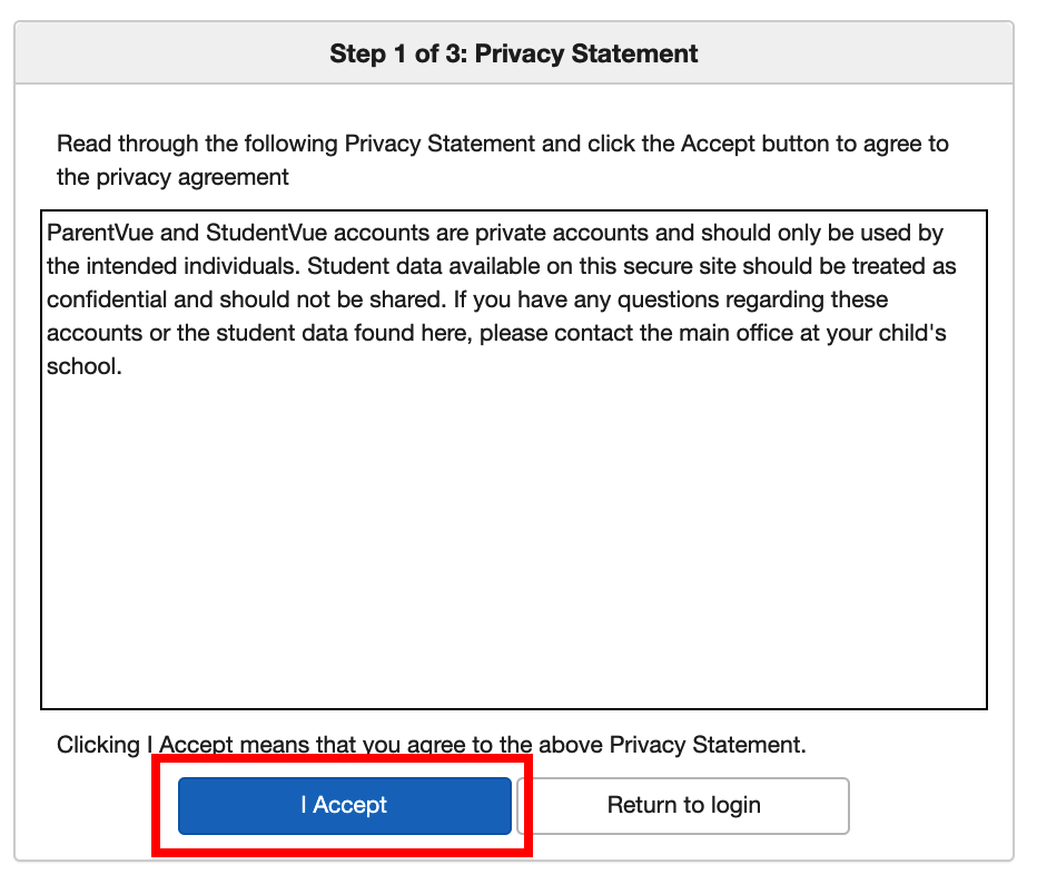 ParentVUE privacy statement page. "I accept" button is highlighted