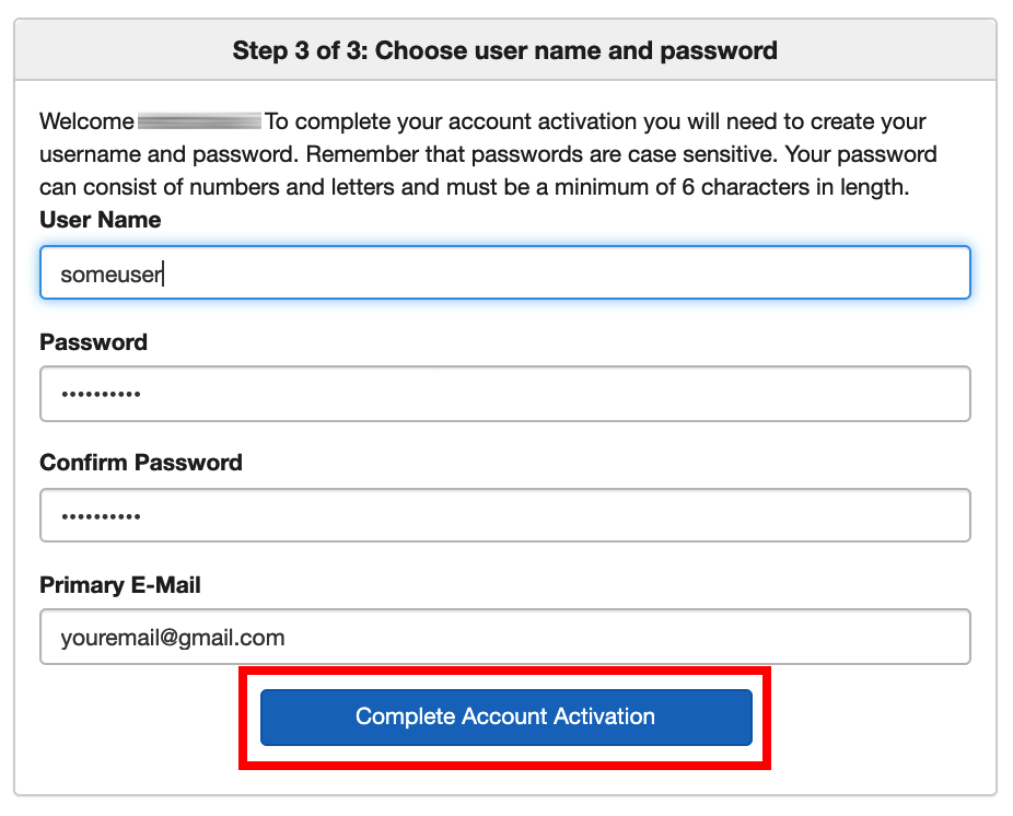 username, password and email fields to fill out. "Complete account activation" button is highlighted