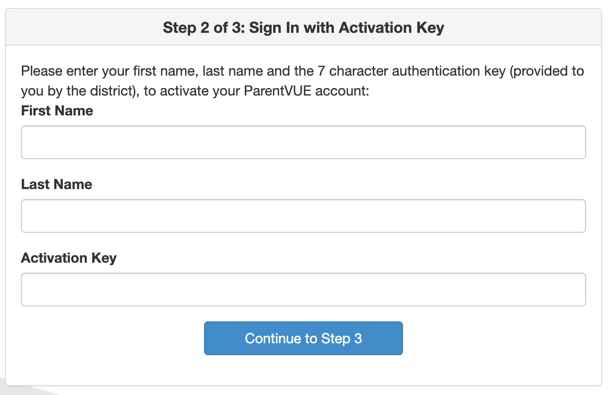 fields for first name, last name and activation key