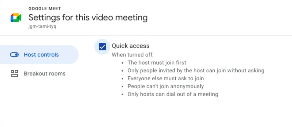 Meeting settings with "quick access" box checked.