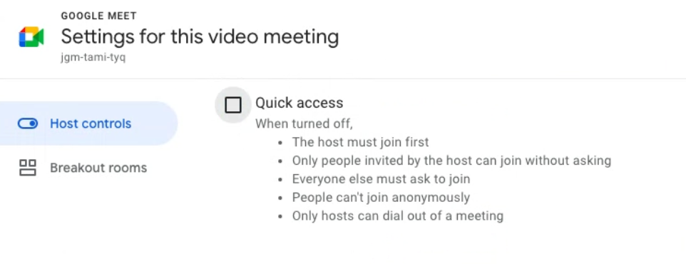 meeting settings with "quick access" box not checked.