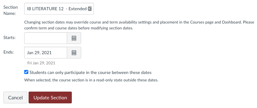 section settings with section name, student availability dates and an "update section" button