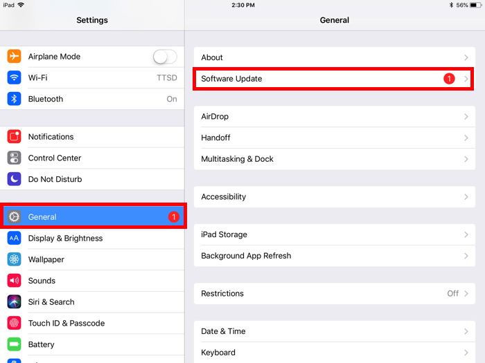 Settings screen with "general" and "software update" highlighted