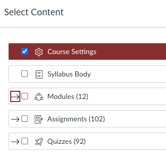 select content screen with modules, assignments, files etc listed for selection