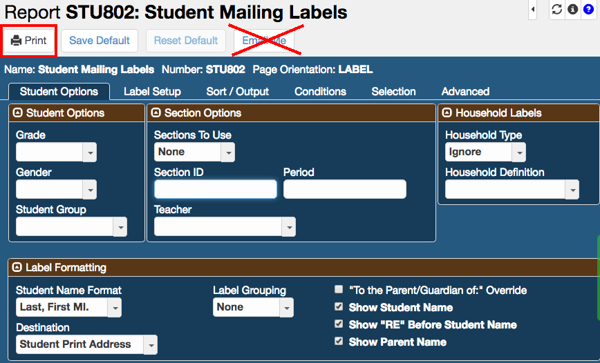 Student mailing labels report interface