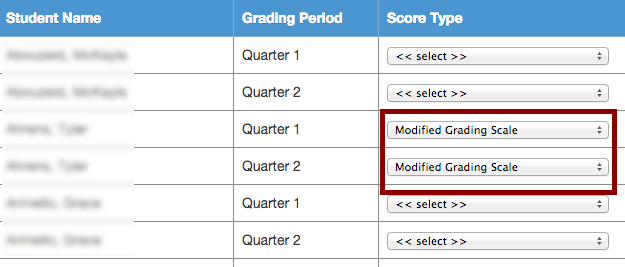 student grade scale selection