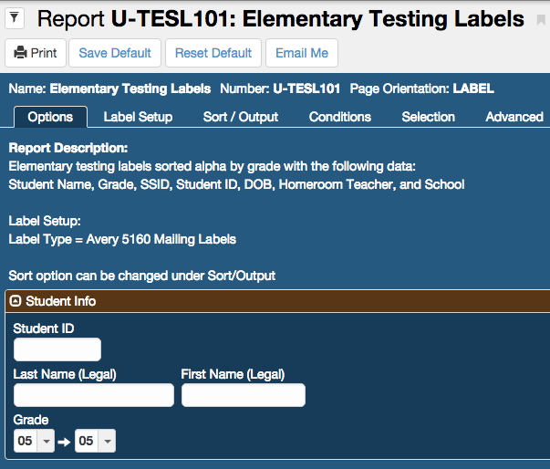 Elementary testing label report screen