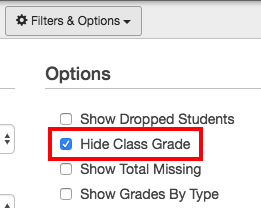 grade book's filters and options area with the "hide class grade" box checked.