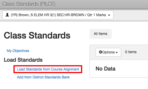 class standards (pilot) screen with "load standards from course alignment" link highlighted