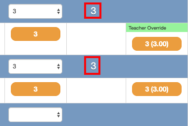 Report card preview - standards screen showing calculated marks and marks that have been transferred already