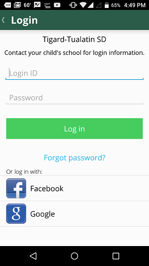 Screenshot of login screen in mobile app