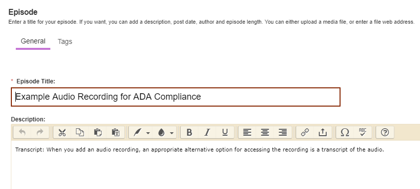 Screenshot of page editor for audio recording.