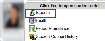student menu on seating chart with "student" highlighted