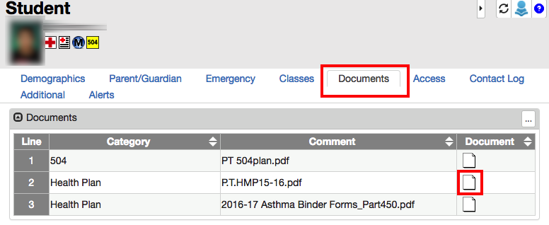 Student screen with "documents" tab selected and health plan highlighted