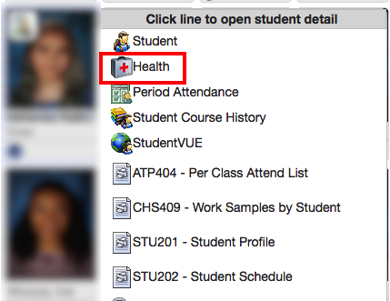 TeacherVUE student pulldown menu with "health" selected
