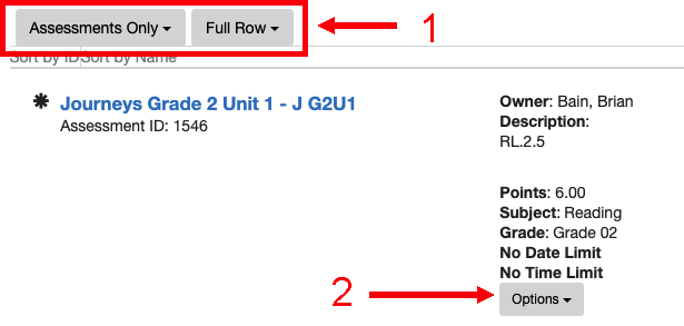 assessment view pulldown menus with "assessments only" and "full row" selected