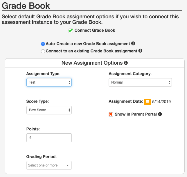 Scheduling screen, grade book settings area