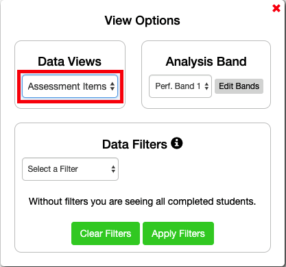 assessment results screen, view options area