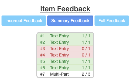 item feedback options area showing which questions the student got correct & incorrect. Buttons for selecting: incorrect feedback, summary feedback or full feedback