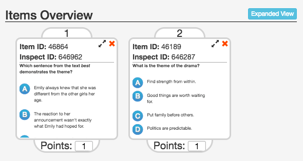 Items overview area showing thumbnail vesrions of each question