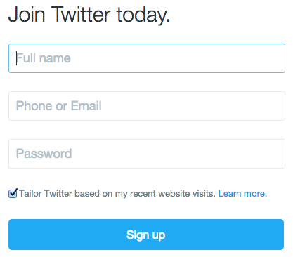 Twitter sign up page - screen 1